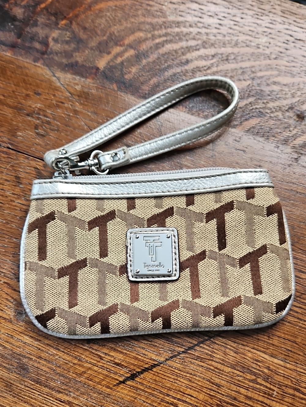 Tignanello Tan & Brown Signature Wristlet with Metallic Silver Trim